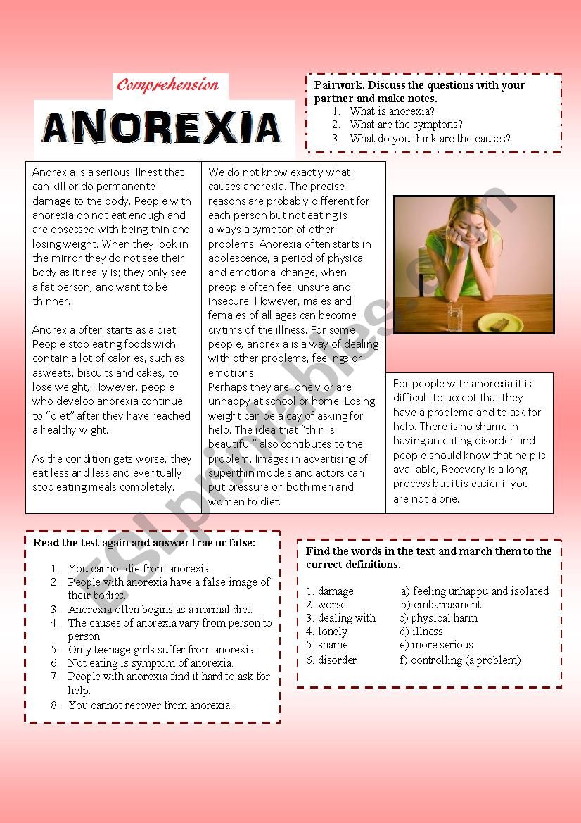 Anorexia [Comprehension text] worksheet
